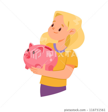 Girl Character Holding Piggy Bank Save Money Vector Illustration Girl Character Holding Piggy Bank Save Money Vector Illustration 118731561