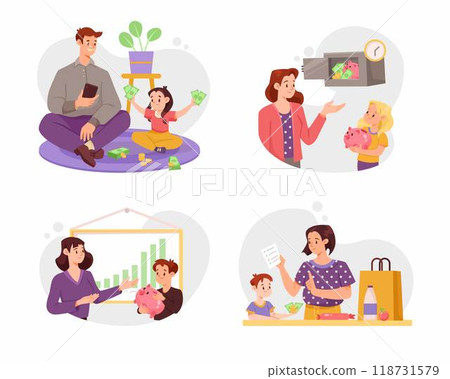 Parent Character Teach Child Save Money Vector Set 118731579
