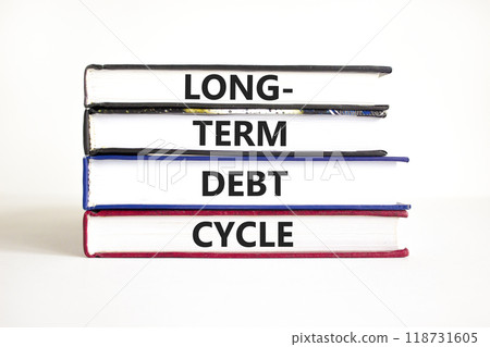 Long-term debt cycle symbol. Concept words Long-term debt cycle on beautiful books. Beautiful white table white background. Business Long-term debt cycle concept. Copy space. Long-term debt cycle symbol. Concept words Long-term debt cycle on beautiful books. Beautiful white table white background. Business Long-term debt cycle concept. Copy space. 118731605