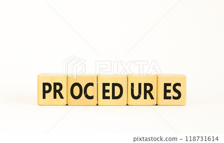 Procedures symbol. Concept word Procedures on beautiful wooden blocks. Beautiful white background. Business procedures concept. Copy space. 118731614