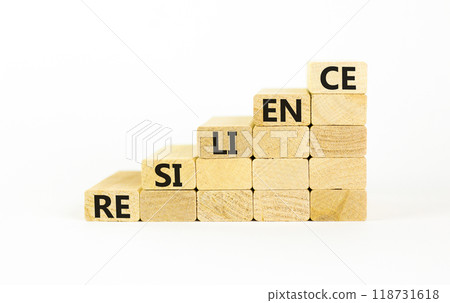 Resilience symbol. Concept word Resilience on beautiful wooden blocks. Beautiful white background. Business resilience concept. Copy space. 118731618