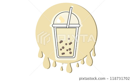 Milk bubble tea logo with cream flavor on background of splashes, Asian street food from Taiwan, sweet cold drink with tapioca pearl balls, boba beverage in colorful cup with floating balls 118731702