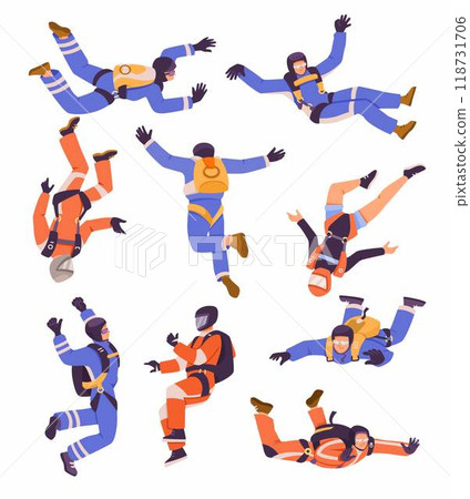 Man Paratrooper with Parachute Bag Flying in the Sky Vector Set Man Paratrooper with Parachute Bag Flying in the Sky Vector Set 118731706