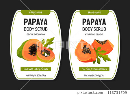 Papaya Fruit Body Scrub Label Design with Cut Section with Seeds and Orange Pulp Vector Template Papaya Fruit Body Scrub Label Design with Cut Section with Seeds and Orange Pulp Vector Template 118731709