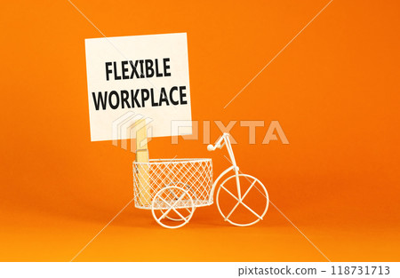 Flexible workplace symbol. Concept words Flexible workplace on beautiful white paper on wooden clothespin. Beautiful orange background. Bike model. Business Flexible workplace concept. Copy space. Flexible workplace symbol. Concept words Flexible workplace on beautiful white paper on wooden clothespin. Beautiful orange background. Bike model. Business Flexible workplace concept. Copy space. 118731713