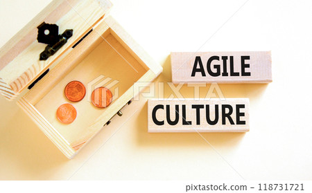 Agile culture symbol. Concept words Agile culture on wooden blocks. Beautiful white table white background. Wooden chest with coins. Business flexible and agile culture concept. Copy space. 118731721