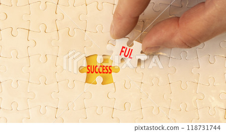 Successful symbol. Concept word Successful on beautiful white puzzles. Beautiful yellow background. Businessman hand. Business successful concept. Copy space. 118731744