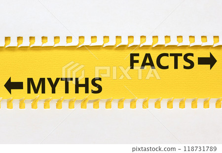Facts or myths symbol. Concept word Myths and Facts on beautiful yellow paper. Beautiful white paper background. Business and facts or myths fact myth concept. Copy space. 118731789