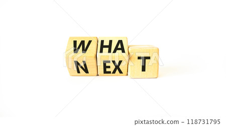 What next symbol. Concept words What next on wooden blocks. Changed words what to next. Beautiful white table white background. Business What next concept. Copy space. 118731795