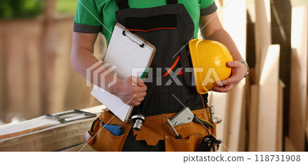 Handyman with tool belt and construction instruments male worker 118731908