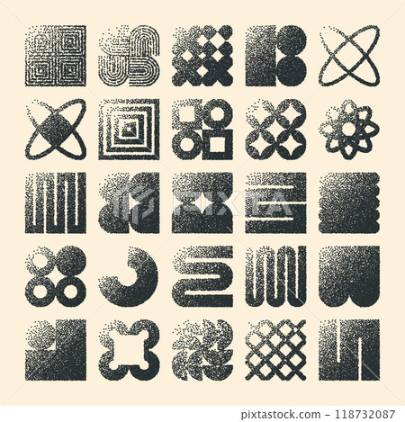 Brutalist geometric shapes, dotted objects. Stipple elements modern symbols. Simple primitive forms. Retro design, trendy contemporary minimalist style, y2k. Dot shading, drawing. Vector illustration Brutalist geometric shapes, dotted objects. Stipple elements modern symbols. Simple primitive forms. Retro design, trendy contemporary minimalist style, y2k. Dot shading, drawing. Vector illustration 118732087