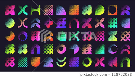 Brutalist geometric shapes, dotted objects. Stipple elements modern symbols. Neon primitive forms. Retro design, trendy contemporary minimalist style, y2k. Dot shading, drawing. Vector illustration 118732088