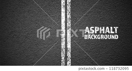 Asphalt road with white cracked lane marking, concrete highway surface, texture. Street traffic line, road dividing strip. Pattern with grainy structure, grunge stone background. Vector illustration Asphalt road with white cracked lane marking, concrete highway surface, texture. Street traffic line, road dividing strip. Pattern with grainy structure, grunge stone background. Vector illustration 118732095