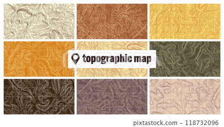 Colorful topographic map with contour lines. Geographic terrain grid, relief height elevation. Ground path pattern. Travel and navigation, cartography design element. Vector illustration 118732096