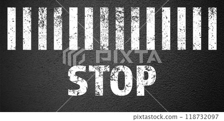 Asphalt road with stop lane marking, concrete highway surface, texture. Street traffic line, road dividing strip. Pattern with grainy structure, grunge stone background. Vector illustration 118732097