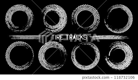 Grunge circle tire tracks, wheel braking marks. Truck, car or motorcycle tread pattern silhouettes. Auto race, motorsport, speed racing design element. Vector illustration Grunge circle tire tracks, wheel braking marks. Truck, car or motorcycle tread pattern silhouettes. Auto race, motorsport, speed racing design element. Vector illustration 118732106
