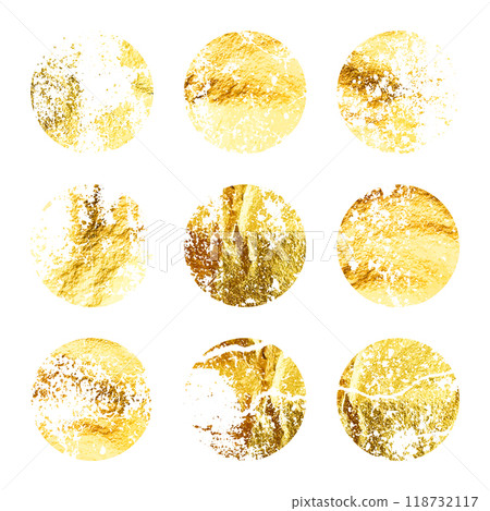 Grunge gold foil, shiny handmade circles. Golden glittering texture, pattern. Luxury shining hand drawn background. Wedding, greeting card decoration elements. Modern art. Vector illustration 118732117