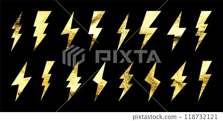 Golden lightning bolt icons collection. Gold foil texture. Flash symbol, thunderbolt. Simple lightning strike sign. Vector illustration 118732121