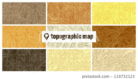 Colorful topographic map with contour lines. Geographic terrain grid, relief height elevation. Ground path pattern. Travel and navigation, cartography design element. Vector illustration 118732123