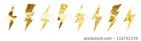 Golden lightning bolt icons collection. Gold foil texture. Flash symbol, thunderbolt. Simple lightning strike sign. Vector illustration Golden lightning bolt icons collection. Gold foil texture. Flash symbol, thunderbolt. Simple lightning strike sign. Vector illustration 118732139