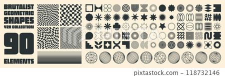 Brutalist geometric shapes, modern symbols. Groovy checkered pattern, distorted tiled grid. Simple elements, forms. Retro design, trendy contemporary minimalist style, y2k. Vector illustration 118732146