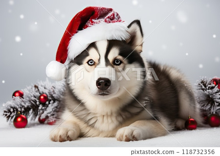 A charming Siberian husky in a Santa hat. 118732356