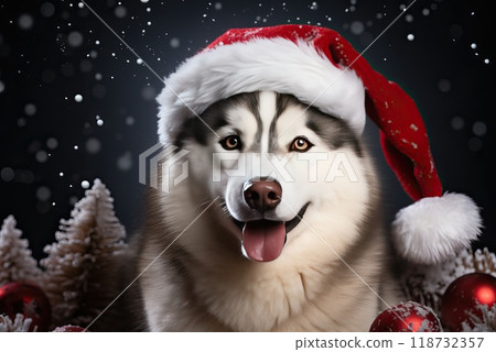 A charming Siberian husky in a Santa hat. 118732357