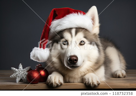 A charming Siberian husky in a Santa hat. 118732358
