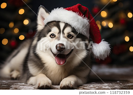A charming Siberian husky in a Santa hat. 118732359