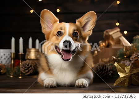 A little red corgi is celebrating Christmas. A little red corgi is celebrating Christmas. 118732366