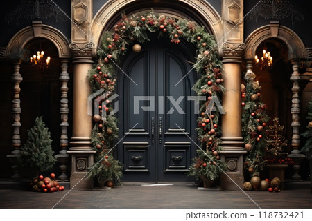 The anthracite-colored front door is decorated for Christmas. 118732421