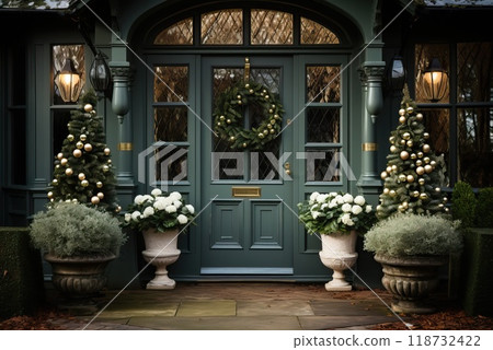 The anthracite-colored front door is decorated for Christmas. 118732422