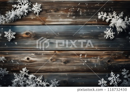 Wooden background with snowflakes and snow, top view and copy space, festive Christmas background with place for text. 118732430