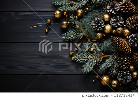 Christmas background with small balls and Christmas tree twigs on a wooden gray background. 118732434