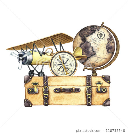 An aerial vintage trip. Vintage retro airplane, compass, suitcase and globe. The illustration is made by hand in watercolor. For postcards, banners, stickers and prints. An aerial vintage trip. Vintage retro airplane, compass, suitcase and globe. The illustration is made by hand in watercolor. For postcards, banners, stickers and prints. 118732548