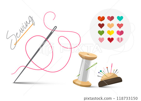 Sewing tools with needle and thread, vector Sewing tools with needle and thread, vector 118733150