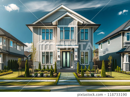 Illuminated by the bright afternoon sun, this modern two-story suburban home features light gray siding and elegant frosted glass doors, surrounded by a neatly landscaped yard and a vibrant blue sky. 118733190
