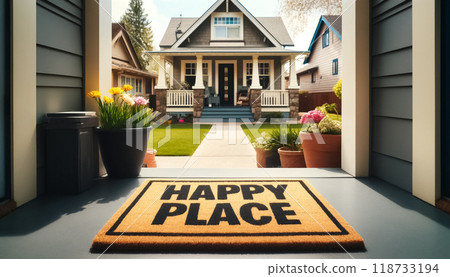 The Happy Place doormat invites into a suburban home, set against a backdrop of seasonal blooms and a classic two-story layout, capturing the essence of suburban tranquility. 118733194
