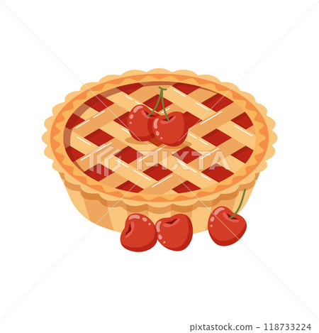 Baked cherry pie with cherries. Food, dessert, sweet. Flat illustration, sweet snack icon 118733224