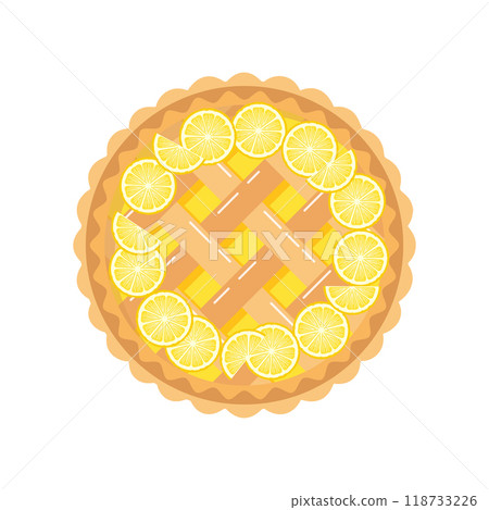 Baked lemon pie with lemon slices, top view. Food, dessert, sweet. Flat illustration 118733226