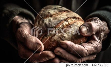A person is carefully holding a freshly baked loaf of bread in their hands A person is carefully holding a freshly baked loaf of bread in their hands 118733319