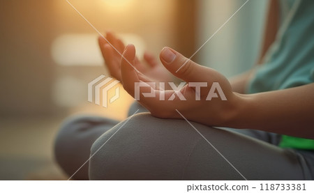 A person meditates indoors in a calm and serene environment, focusing on mindfulness and relaxation. The scene is peaceful and reflective. 118733381