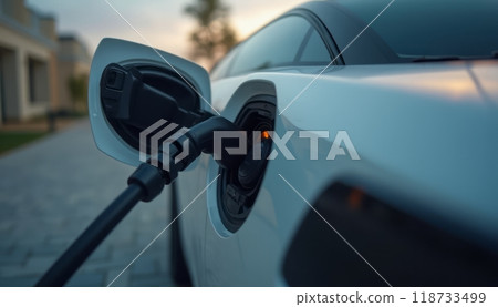 An electric car is being charged at a home charging station, highlighting sustainability and eco-friendly technology. The scene is modern and green-focused. 118733499