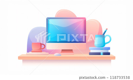 Flat illustration of a table with a monitor mouse, books, a mug and a glass for pens, on a white background. 118733538