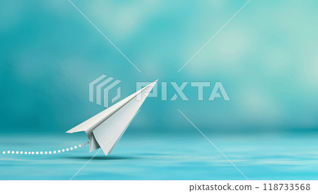 A paper airplane takes off on a turquoise background. Copy space. 118733568