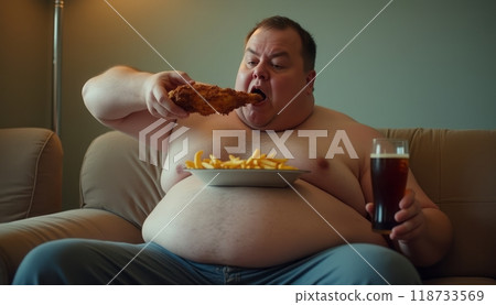 An overweight man is sitting on a couch, eating fried chicken with a side of fries and drinking soda. The image highlights unhealthy lifestyle choices. 118733569