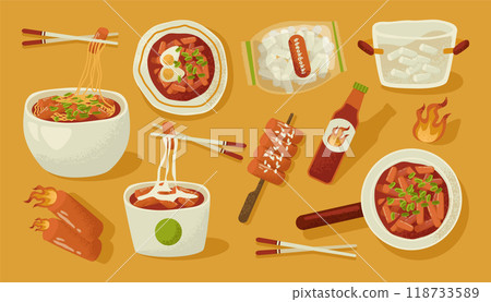 Tteokbokki. Traditional asian street food. Korean stir-fried rice cakes. Spiced with hot chili paste. Tteokbokki dishes. Flat vector illustration 118733589