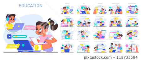 Modern education methodics set. Online educational ecosystem and digital technologies. Multidisciplinary and lifelong knowledge gaining for children potential development. Flat vector illustration 118733594