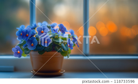 There is a potted plant with bright blue flowers on the windowsill. Copy space 118733596