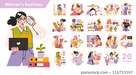 Female business owners set. Small business industries and areas for professional development. Successful woman making make a profit on a favorite business. Flat Vector Illustration 118733597